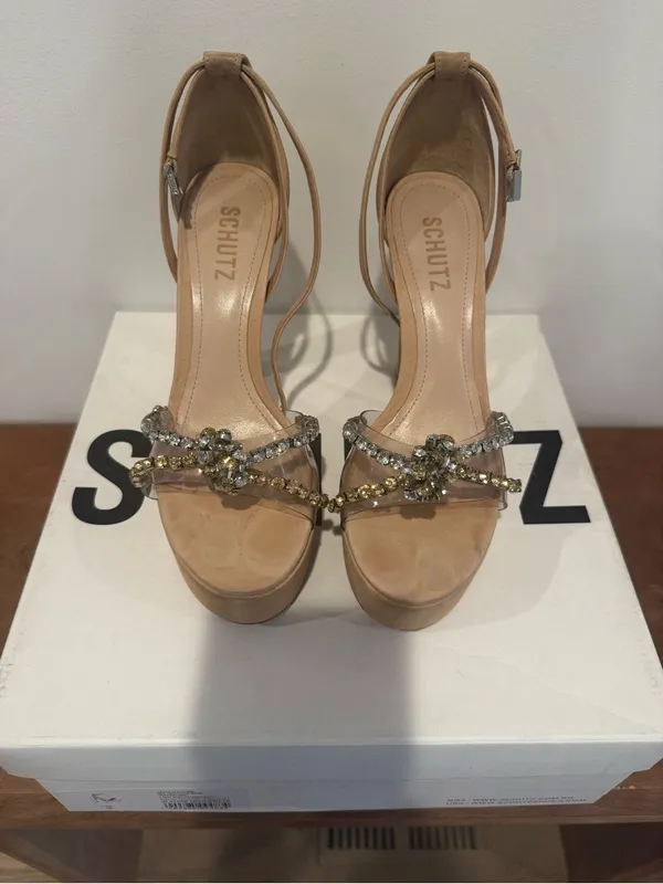 SCHUTZ Nude Crystal-Strap Open-Toe Heels - Image 2