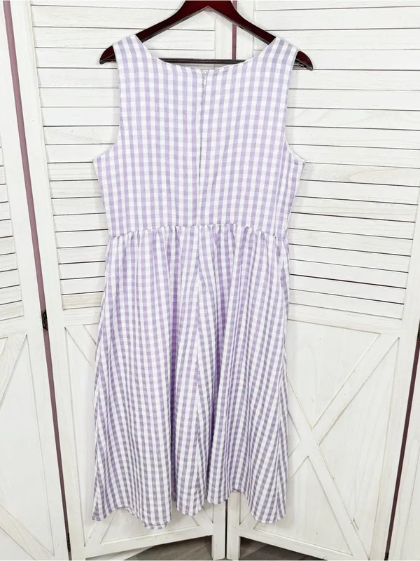 DKNY Gingham Check Square Neck Midi Dress Purple White 12 Cottagecore Sleeveless - Image 9