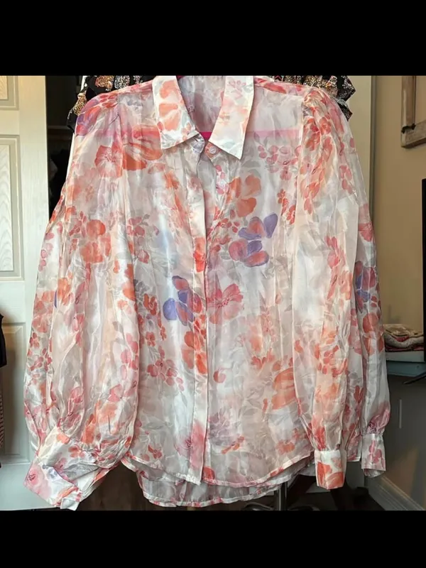Sheer Button Down Floral Long Sleeve Blouse Pink Size XL - Image 2