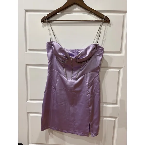 Hello Molly Disco Nights Lilac Satin Mini Dress Rhinestones Large Y2K Party - Image 2