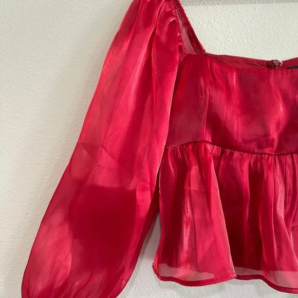 Lulus Red Organza Puff Sleeve Peplum Top Square Neck Shimmer Blouse Large‎ - Image 3