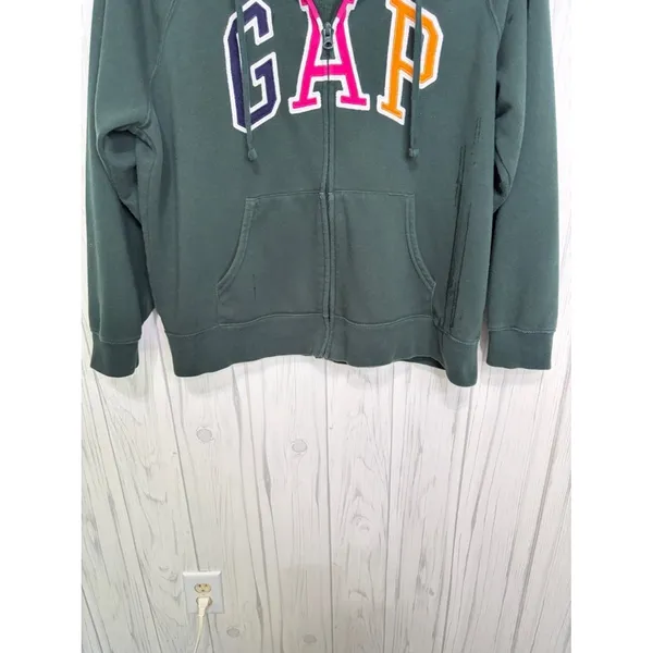 GAP Dark Green Zip-Up Hoodie Multicolor Spelled‎ Out Logo, XL - Image 4