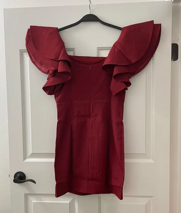 The Clothing Exchange Company | NWOT | Square Neck Ruffle Sleeve Dress | L | Burgundy | CD02485 - Image 2