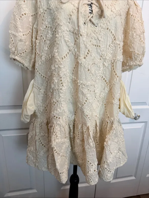 Arose Studio Cream Eyelet Lace Tie-Neck Puff Sleeve Dress - Image 5