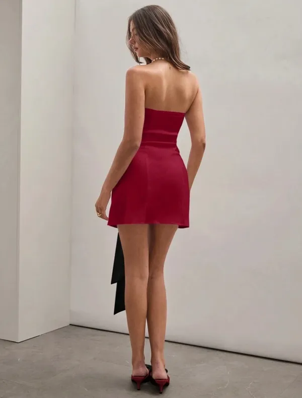 XS Red Strapless Satin A-Line Short Mini Dress Regular Fit Black Bow Accent - Image 2