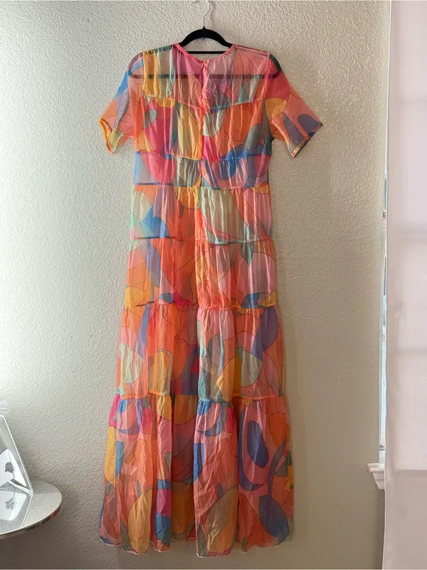 Sheer Multicolor Abstract Print Tiered Maxi Dress Short Sleeve Rainbow Medium - Image 9
