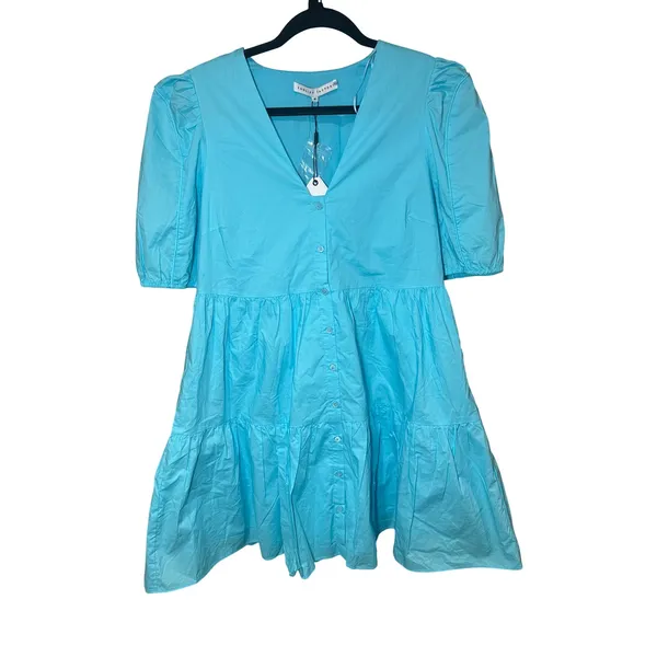 English Factory NWT V-Neck Button Down Babydoll Dress Puff Sleeve Blue Sz Medium - Image 2