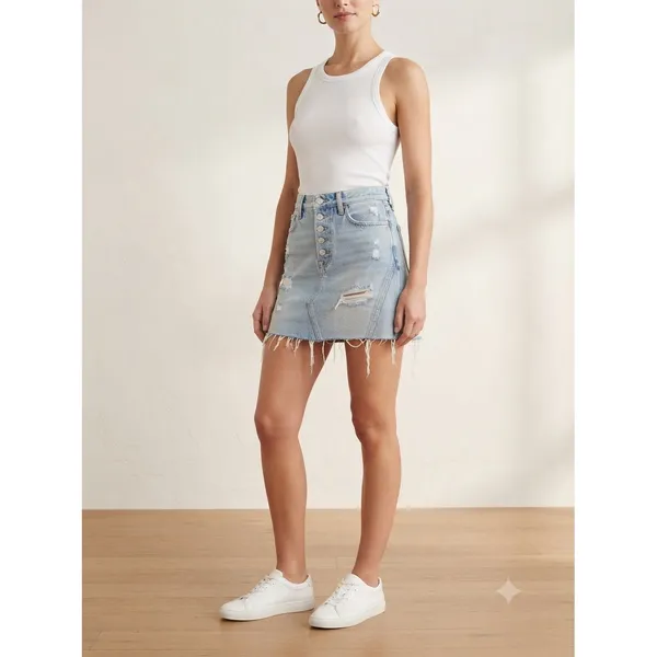We The Free Denim Mini Skirt Womens 24 Light Wash Distressed Button Fly‎ Boho - Image 2