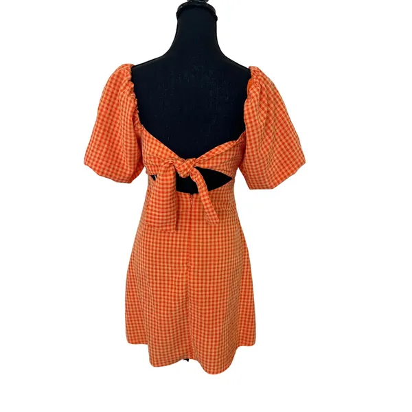 Louna Orange Gingham Mini Dress SMALL Peasant Puff Sleeve Milkmaid Cotton $108 - Image 12