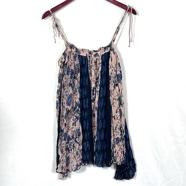 Free People Top Womens M Secret Love Pleated Trapeze Slip Dress Navy Floral Boho - Image 5