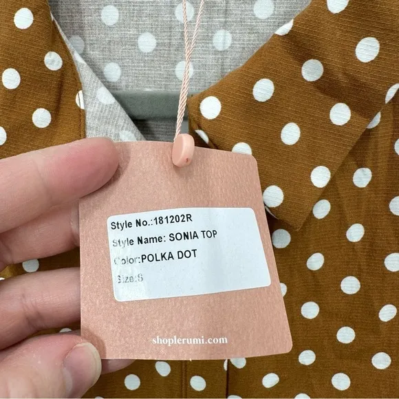 Revolve Le Rumi Size Small Carmel Brown Polka Dot Tie Front Button Down Crop Top - Image 4