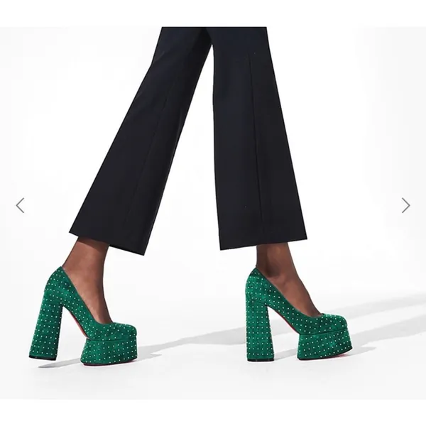 Christian Louboutin Foolish 130 Velvet Studded Platform Pumps Green EU 38 - Image 4