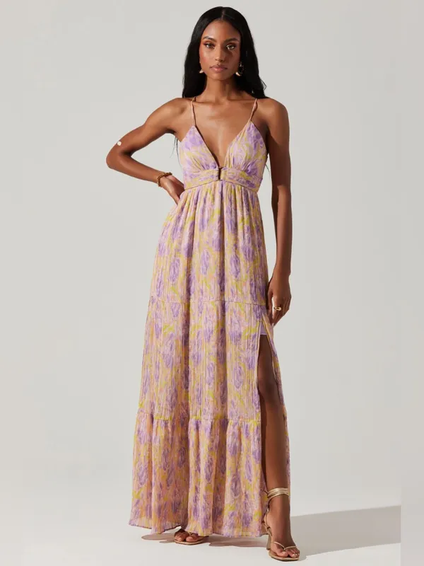 ASTR Minari Pleated Floral Maxi Dress Medium Purple Wedding Guest Garden Party - Image 8