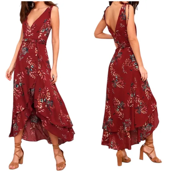 Lulus Amal Floral Wrap Maxi Dress M Burgundy V-Neck Hi-Low Summer Party Wedding - Image 2