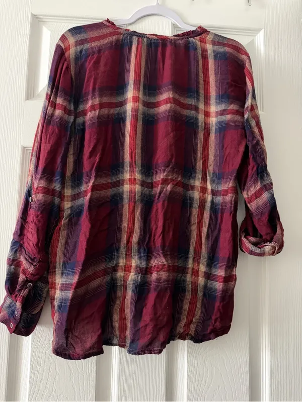 Vintage America Tiffany Plaid Surplice Blouse Roll Tab Sleeve Medium - Image 5