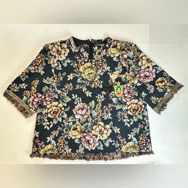Zara Jacquard Top Women's Size‎ M Floral Tapestry Frayed Fringed Short Sleeve - Image 6