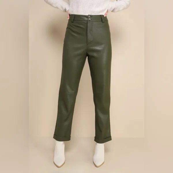 NWT Lulus Effortless Edge Vegan Leather Straight Leg Pants in Olive Green Size M - Image 2