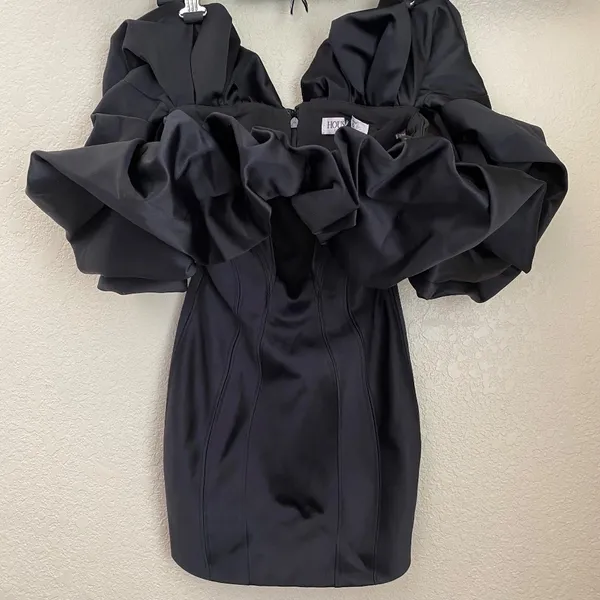 HOUSE‎ OF CB 'Selena' Black Satin Puff Shoulder Dress off shoulder /Size S - Image 5