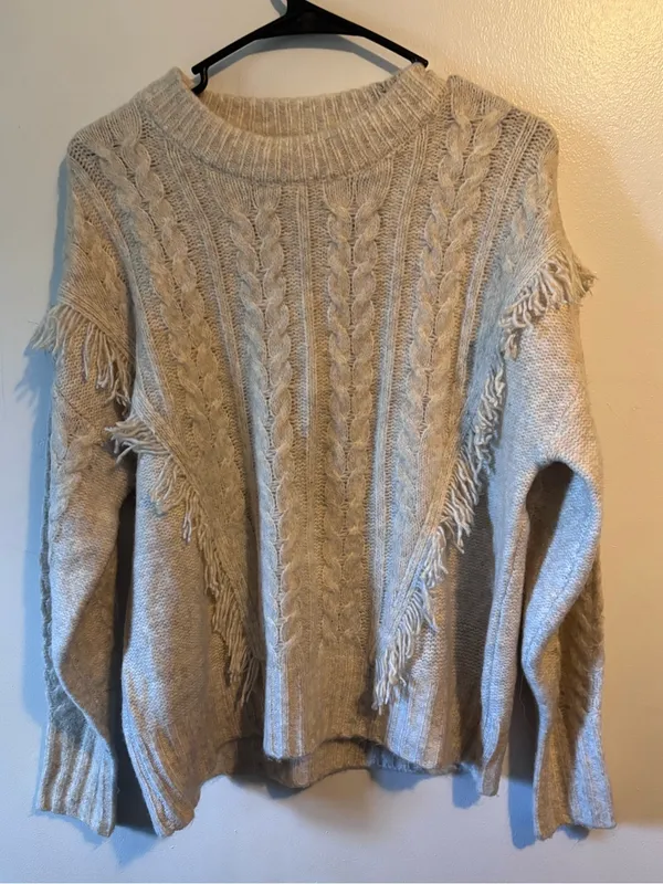 Fringe Cable Knit Sweater - Beige - Image 4