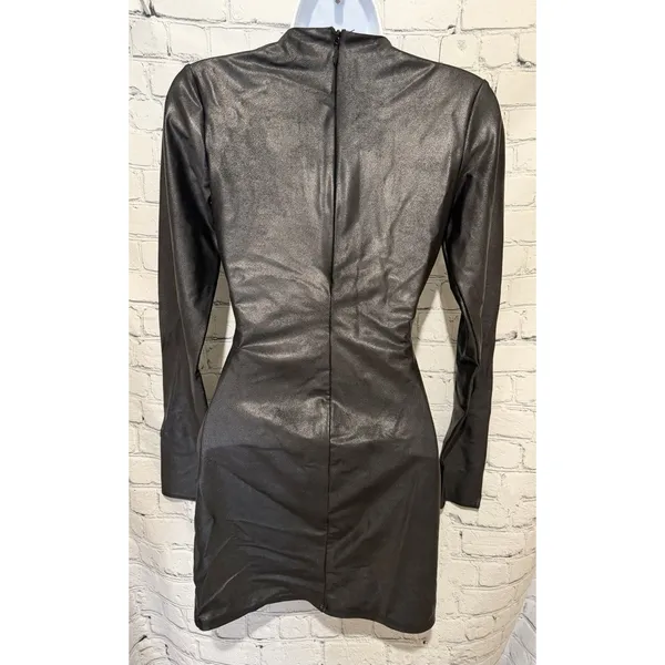 Naked Wardrobe Black Leather Look Round Neck Long Sleeve Bodycon Mini Dress S - Image 3