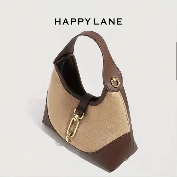 Happy Lane Two-Tone Hobo Shoulder Bag Suede Brown Beige Gold Hardware NIP - Image 3