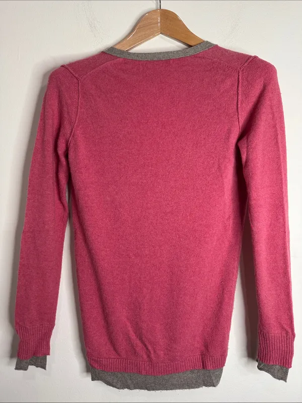 Banana Republic Cashmere Wool Raspberry V-neck Button-down Cardigan Grey Trim S - Image 2