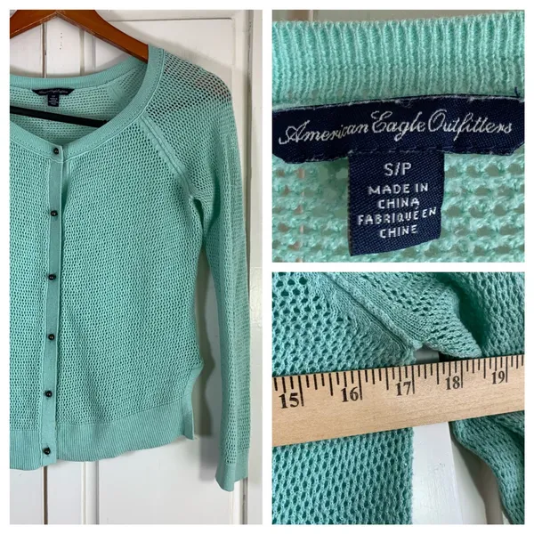 American‎ Eagle Outfitters Mint Green Crochet Knit Button Up Cardigan Sweater S - Image 10