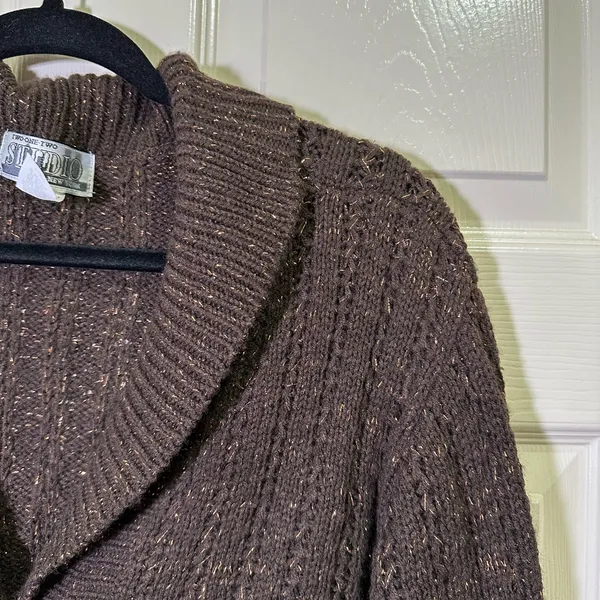Y2K Sweater Cardigan Brown Tinsel Sz XL Single Button Curved Cropped Cable Knit - Image 2