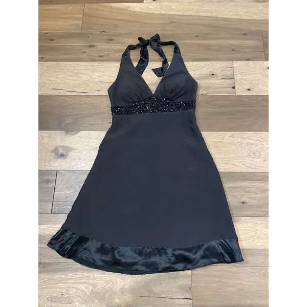 White House Black Market Dress Size 4 Black Silk Embellished Halter A‑Line Y2K - Image 4