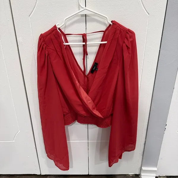 NWOT Lulus Loving Aura Coral Red Smocked Long Flutter Sleeve Top - Image 3