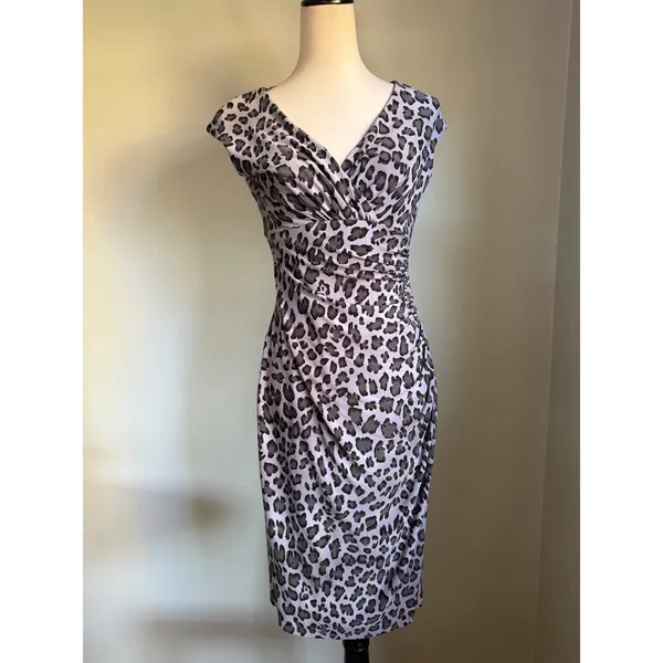 Lauren Ralph Lauren Grey Leopard y2k Ruched Sheath Dress 4 classic elegant boho - Image 2