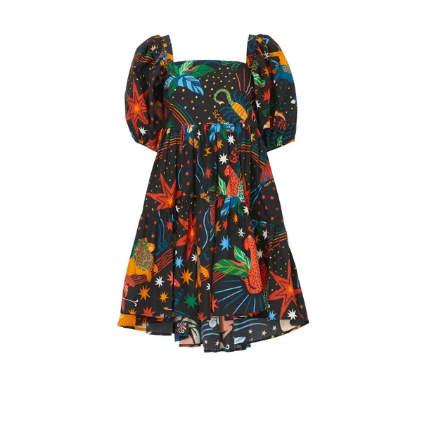 Farm Rio Zodiac Print Black Puff Sleeve Square Neck Babydoll Mini Dress Size M - Image 5