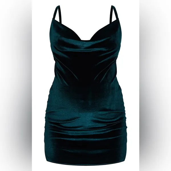 NWT PrettyLittleThing MATERNITY GREEN COWL NECK VELVET MINI DRESS Size 10 - Image 2