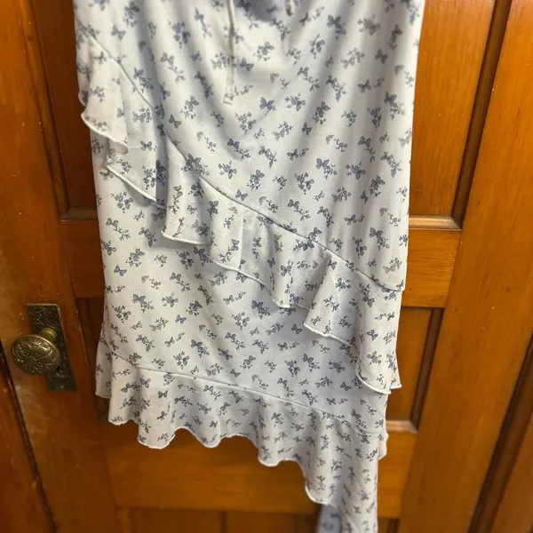 NWT Aeropostale Blue Floral Butterfly Tie Neck Asymmetrical Bodycon Dress - Image 9