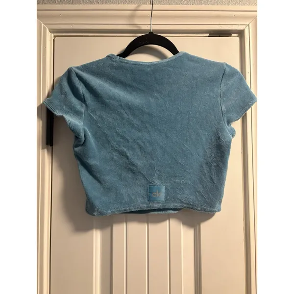 Alo Yoga Crop Top Womens Small Blue Terry Cloth Square Neck Short Sleeve Yoga - Image 3