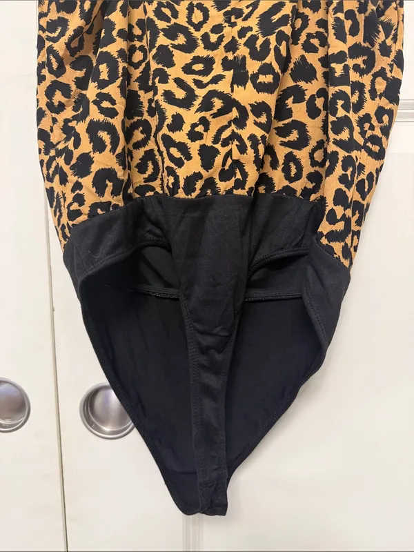 Leopard Print Cowl Neck Bodysuit in Tan and Black - Image 6