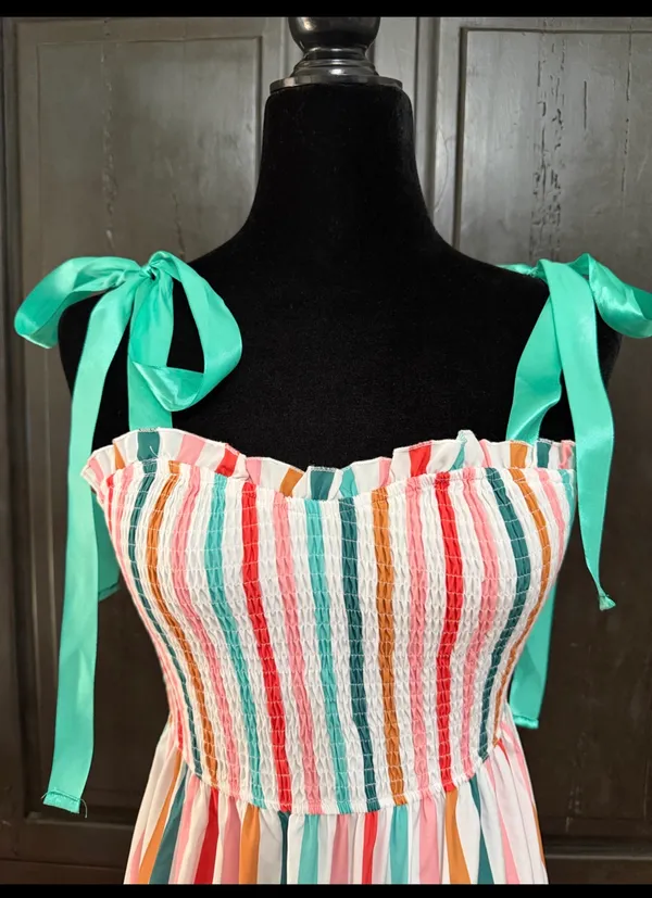 Shein Rainbow colorful Candies Stripe Cami Maxi Dress w-Green Ribbon straps -Small. Super cute, gently warn and excellent condition. Measurements approximately 13” from armpit to armpit x 46.5”” long. Non-smoking home. Priced to sell at as is condition. Don’t like my price, make reasonable offer! - Image 3
