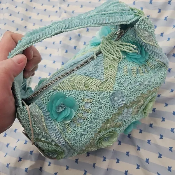 TJ Maxx Marshall’s blue green teal viral bead floral sequin shoulder bag - Image 5