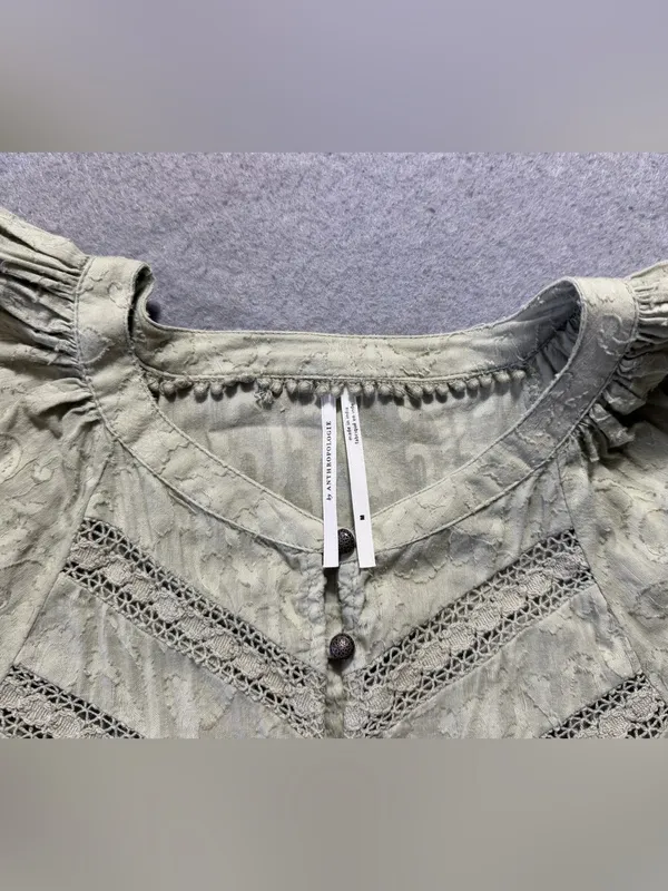 Anthropologie Womens Medium Green Textured Cotton Lace Boho Peasant Blouse Top - Image 7