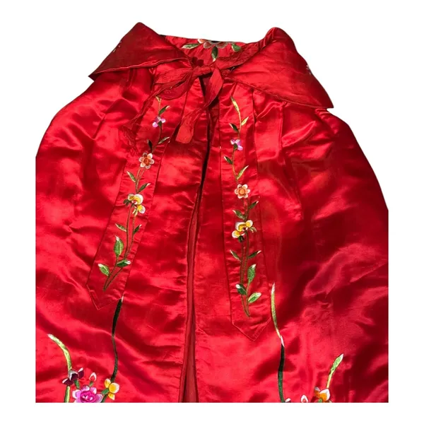 Vintage Red Silk Embroidered Padded Cape with Floral Satin Stitch Detail small - Image 12