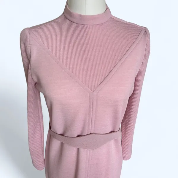 Vintage 70s Pink Sweater Dress Knit Mock Neck Sheath Retro Soft Girl Size 12 P - Image 4
