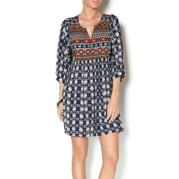 Umgee Navy Boho Aztec Print Mini Dress 3/4 Sleeve Babydoll Tunic Size Medium - Image 4