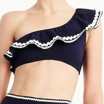 J. Crew Navy Rickrack One Shoulder Ruffle Swim Bikini Top Size Large - Image 2
