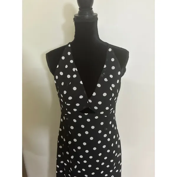 Polka Dot Maxi Dress Black White V-Neck Cutout Tiered Ruffle Retro Sexy SZ M / 6 - Image 3