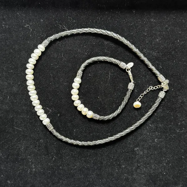 WJ Sterling Silver 925 Braided Black Leather Pearl Necklace Bracelet Jewelry Set - Image 2