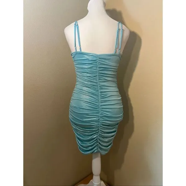 Lucy In The Sky Aquamarine Blue Shimmer Ruched Bodycon Dress Small - Image 3