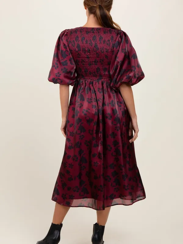 Heart of Mine Burgundy Floral Midi Dress with Puff Sleeves - Image 3