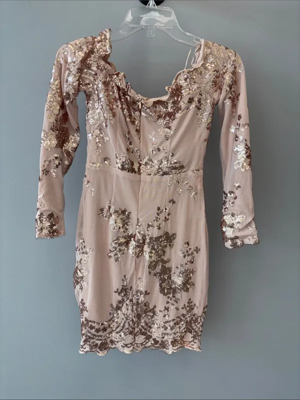 HMS Long Sleeve Sequin Mini Dress Tan - Image 2