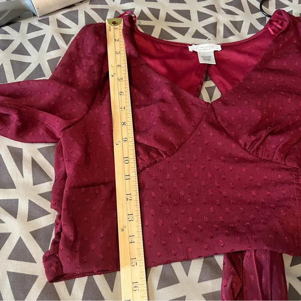 Kirious LA Burgundy Swiss Dot Chiffon Bell Sleeve Tie Back‎ Cutout Crop Top L - Image 11