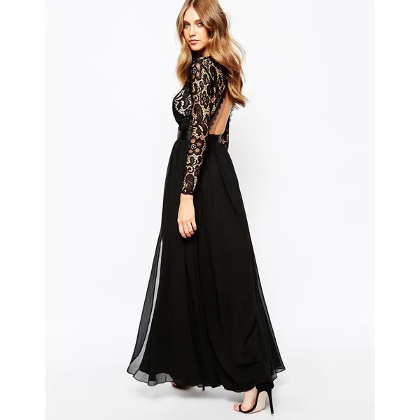 Fame and Partners Geo Heartline Lace Panel Long Sleeve Maxi Dress Black Size 2 - Image 3